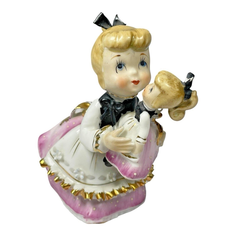 RARE VTG 1955 Lefton Girl Holding Twin Doll Figurine KW8948 Pink Dress Bow Chips